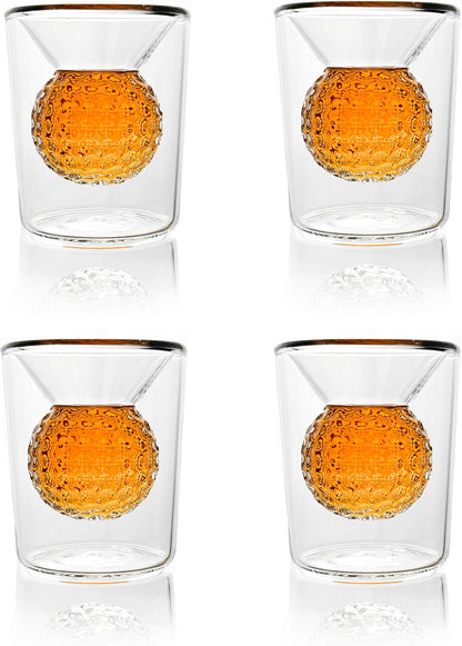 Golf Ball Shot Glass Set Funny Handmade Golf Gifts for Men - 2 oz Double Walled Glasses with 3D Shape Golf Ball Inside for Tequila, Scotch, Whiskey, Bourbon, and Cocktail